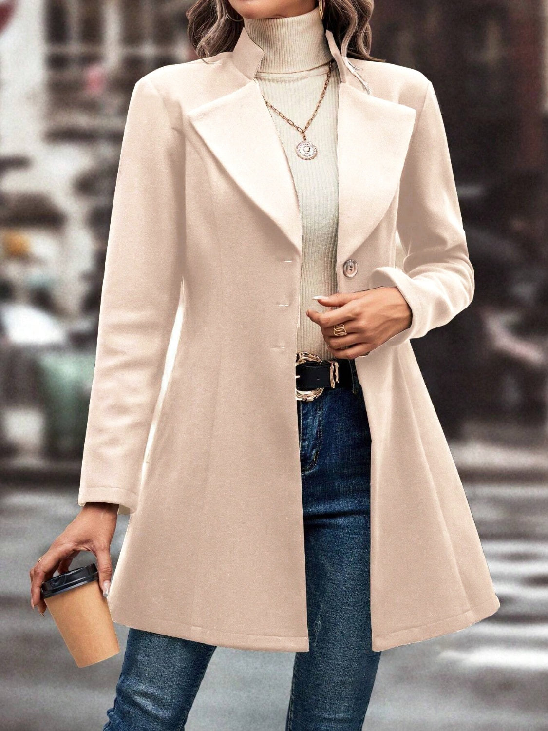 Collared Neck Long Sleeve Longline Coat-Angel Casuals