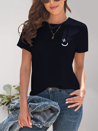 Smile Graphic Round Neck Short Sleeve T-Shirt-Angel Casuals