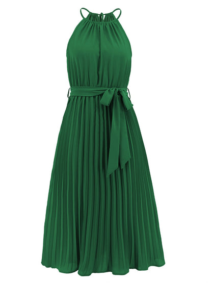 Pleated Spaghetti Strap Tie Waist Midi Dress-Angel Casuals