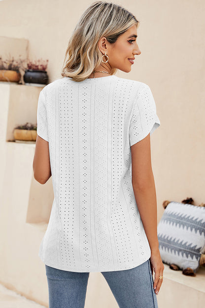 Eyelet V-Neck Petal Sleeve T-Shirt-Angel Casuals