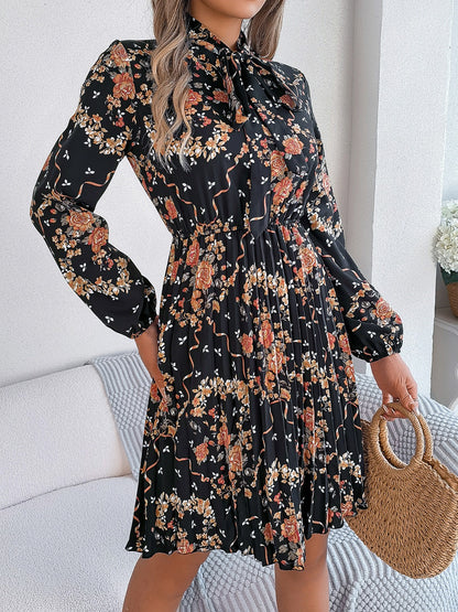 Pleated Printed Tie Neck Long Sleeve Dress-Angel Casuals