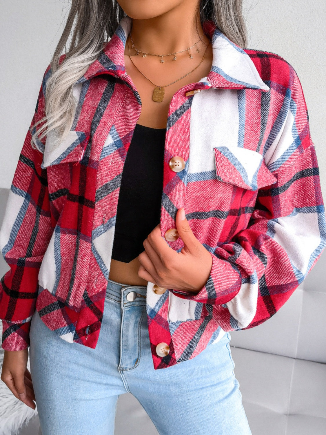 Plaid Collared Neck Long Sleeve Jacket-Angel Casuals