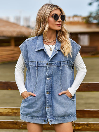 Button Up Collared Neck Sleeveless Denim Jacket-Angel Casuals