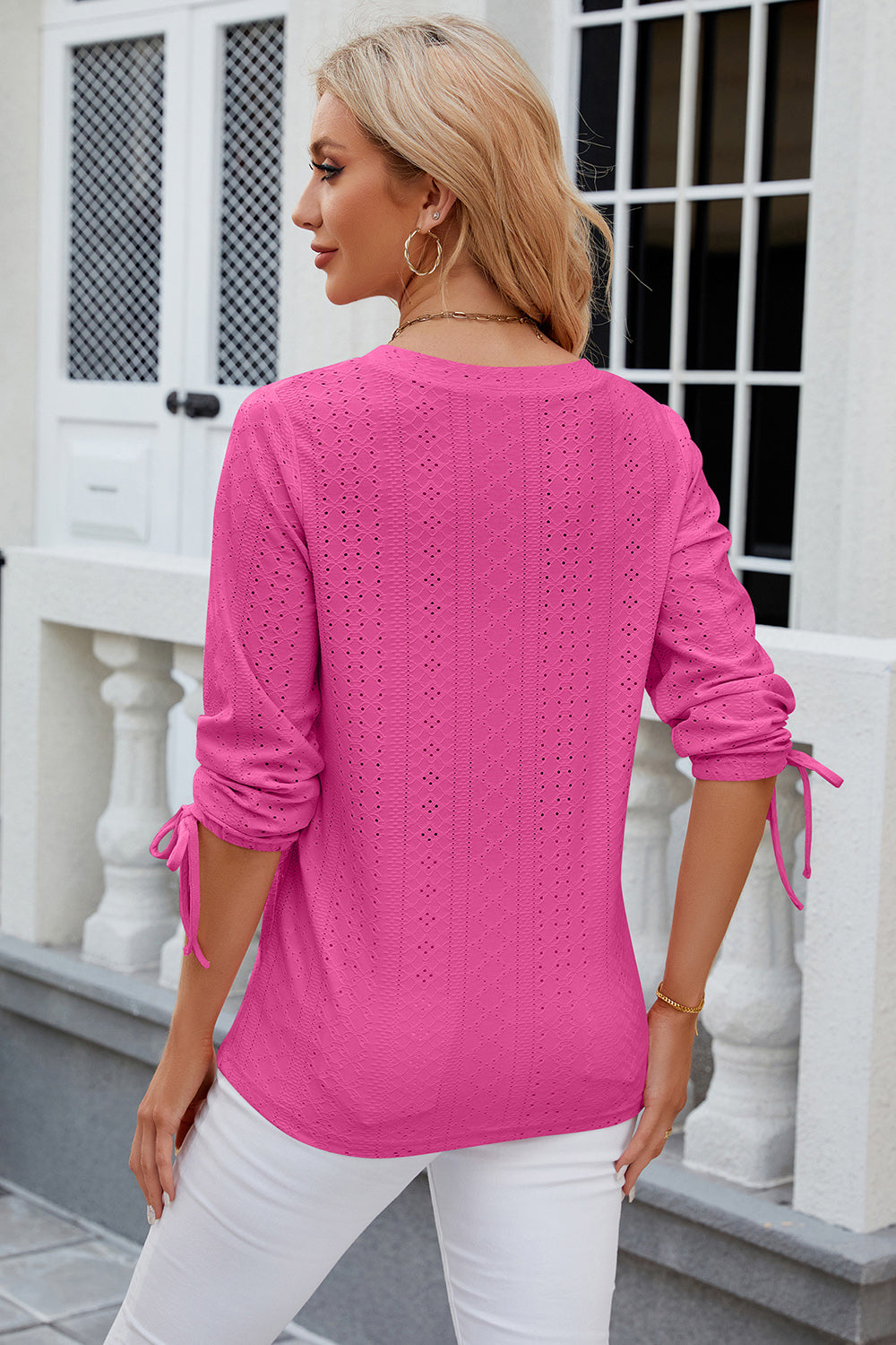 Eyelet Drawstring V-Neck Half Sleeve T-Shirt-Angel Casuals