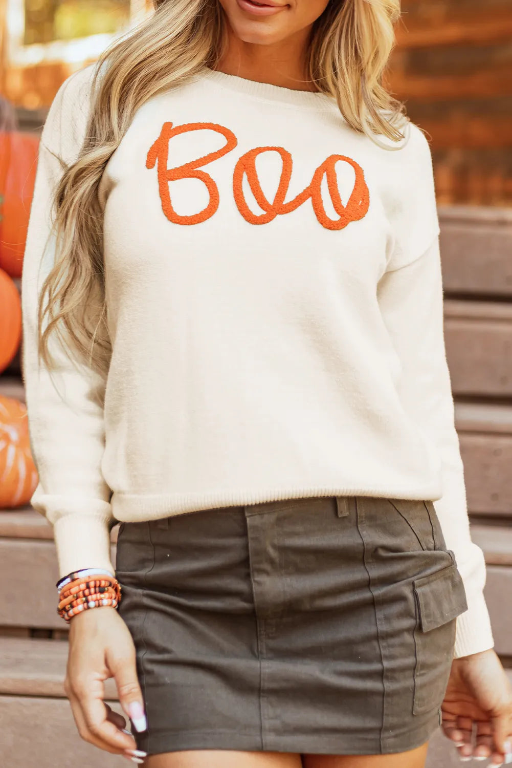 BOO Round Neck Long Sleeve Sweater-Angel Casuals