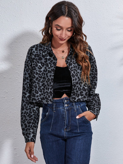 Leopard Button Up Collared Neck Cropped Jacket-Angel Casuals