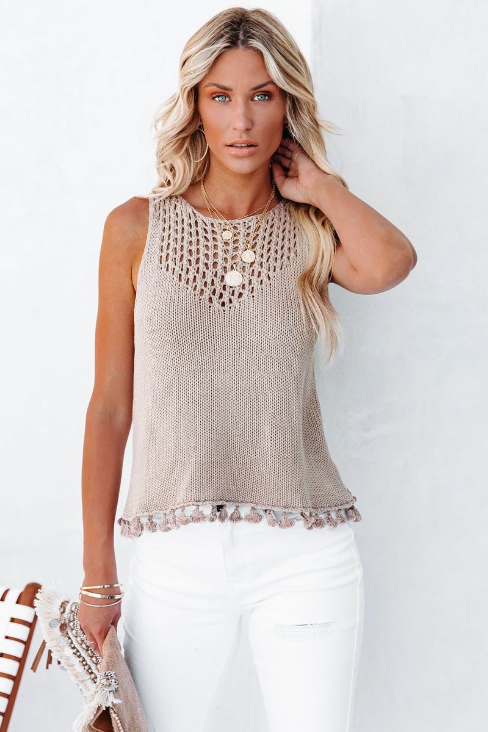 Openwork Tassel Hem Knit Tank-Angel Casuals