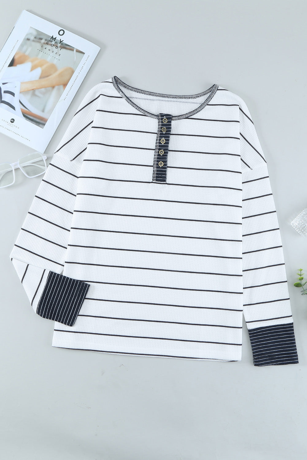 Striped Waffle Knit Henley Long Sleeve Top-Angel Casuals