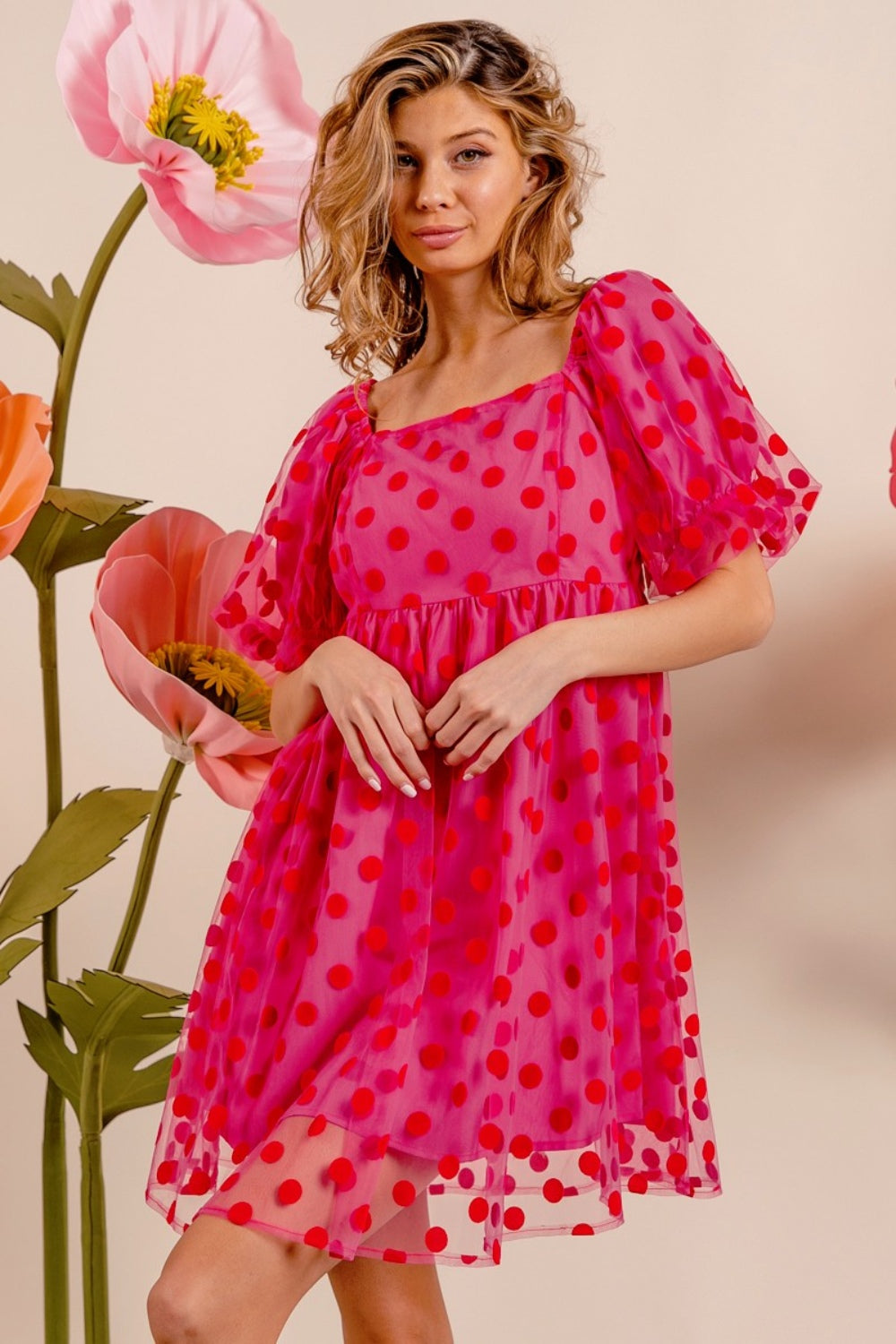 BiBi Polka Dot Mesh Puff Sleeve Dress-Angel Casuals