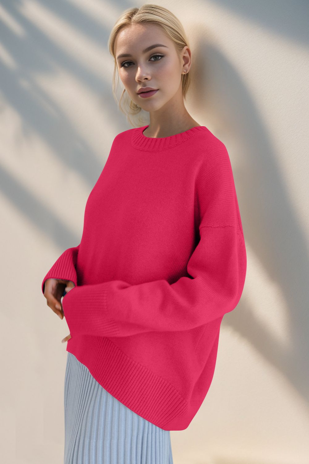 Basic Bae Round Neck Dropped Shoulder Sweater-Angel Casuals