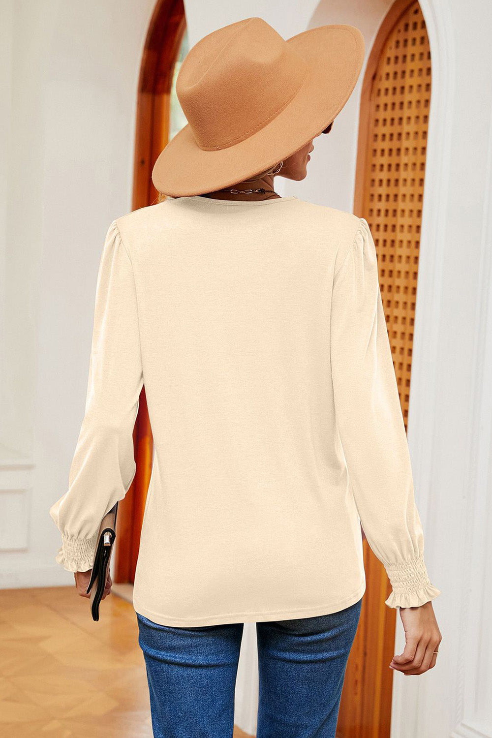 Lace Detail V-Neck Lantern Sleeve T-Shirt-Angel Casuals