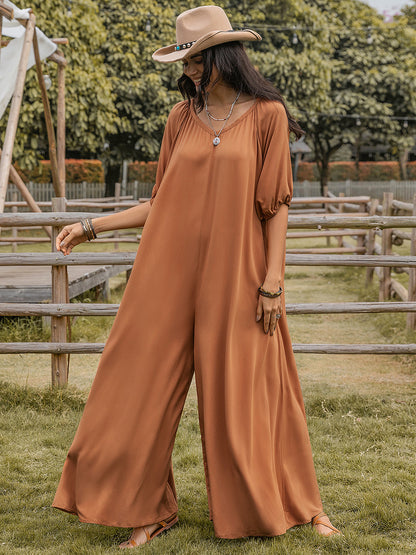 Scoop Neck Half Sleeve Wide Leg Jumpsuit-Angel Casuals