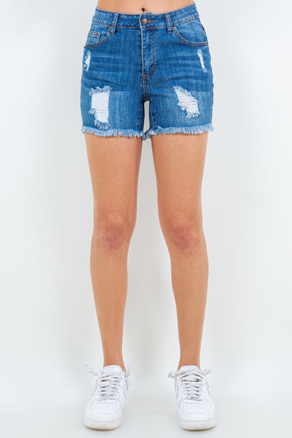 American Bazi High Waist Distressed Frayed Denim Shorts-Angel Casuals