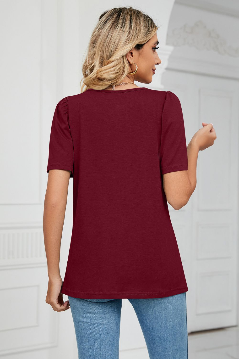 Square Neck Puff Sleeve T-Shirt-Angel Casuals