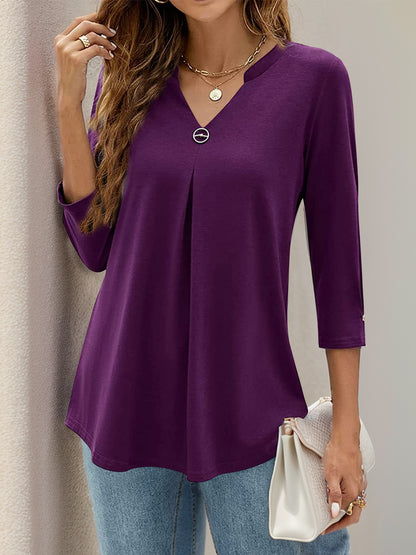 Notched Three-Quarter Sleeve T-Shirt-Angel Casuals