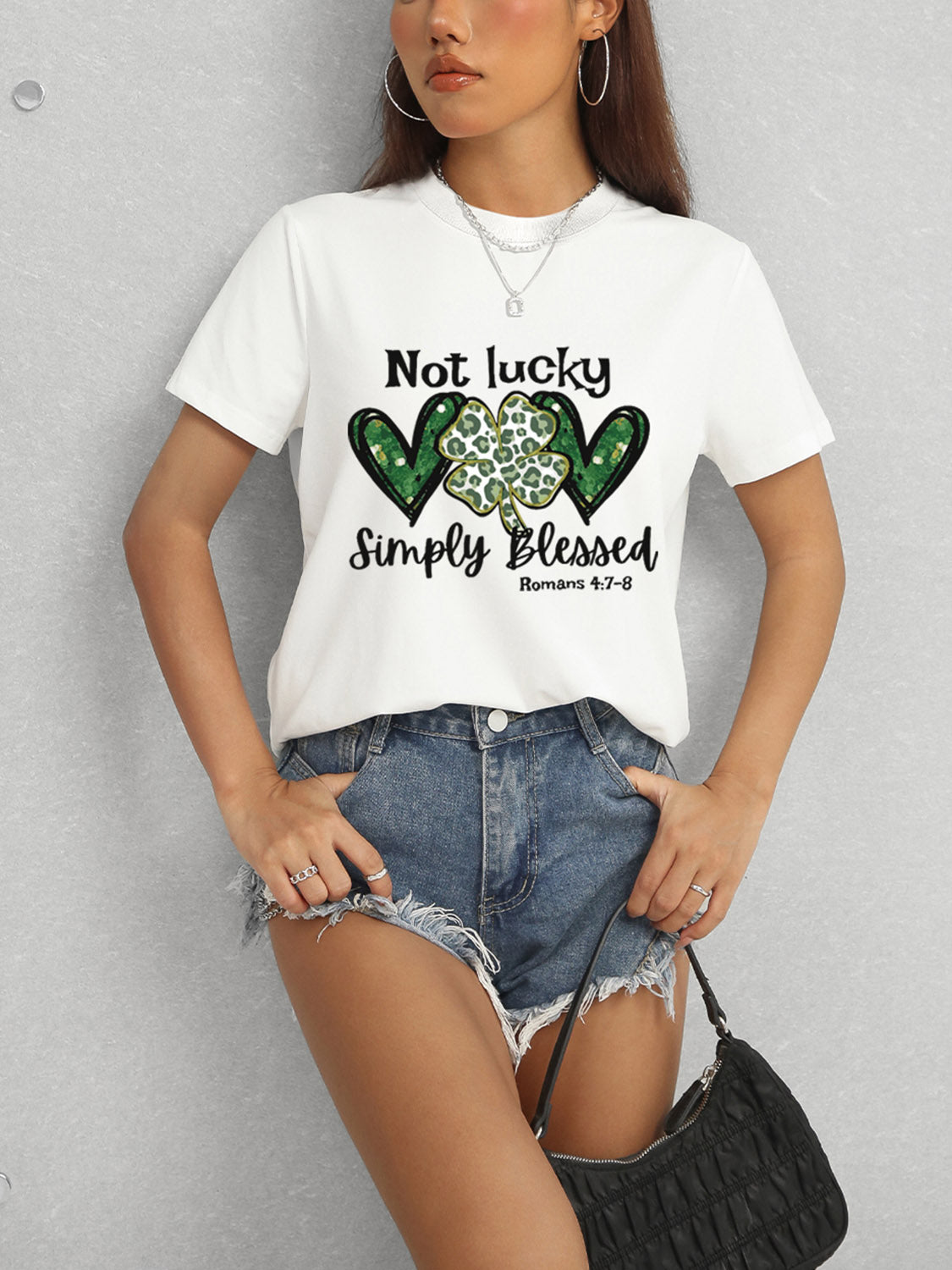 Lucky Clover Round Neck Short Sleeve T-Shirt-Angel Casuals