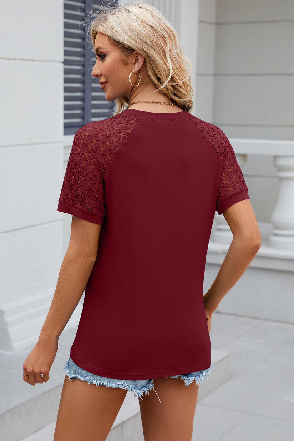 Openwork Round Neck Short Sleeve T-Shirt-Angel Casuals