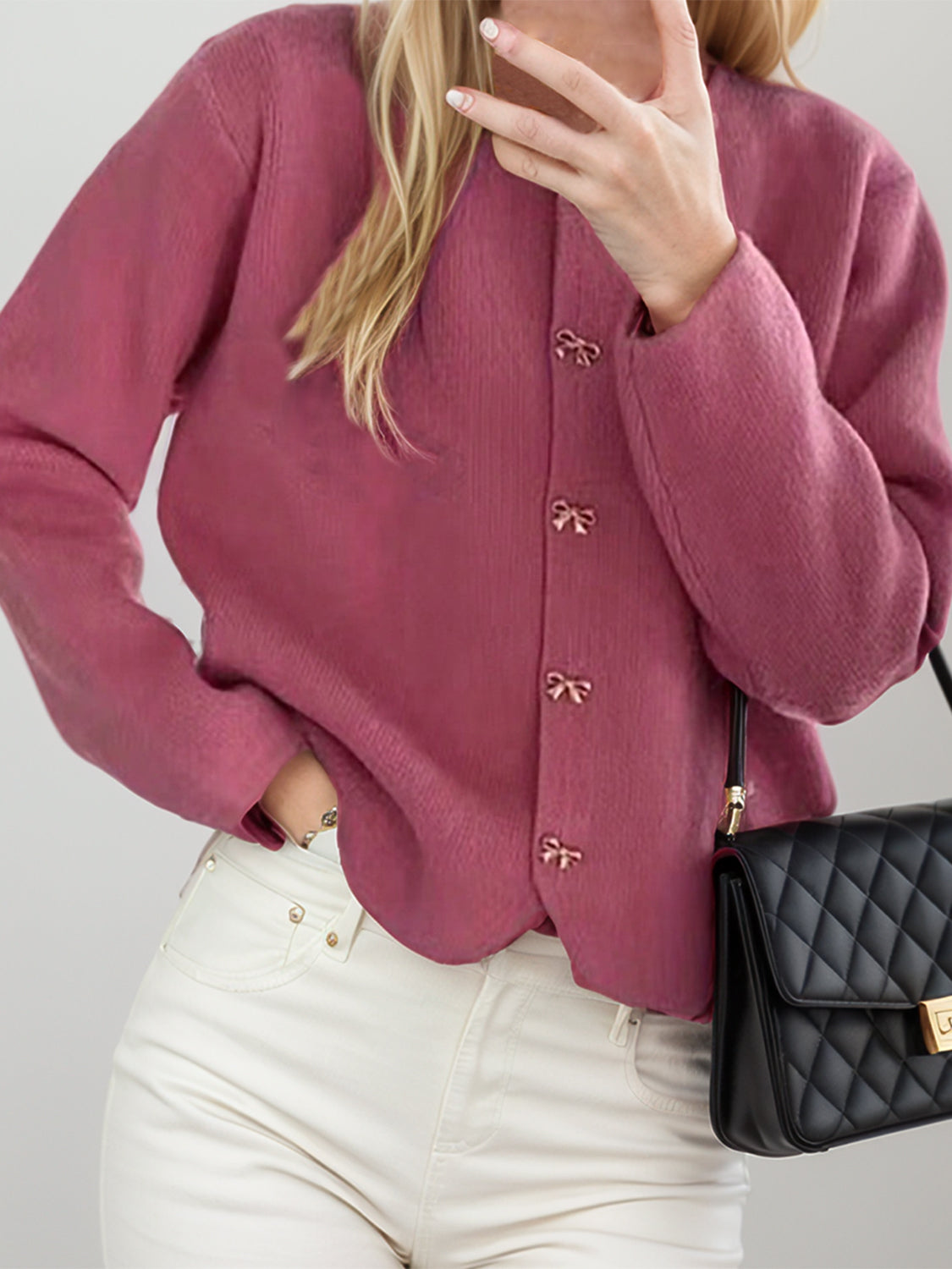 Bow Button Down Round Neck Long Sleeve Cardigan-Angel Casuals