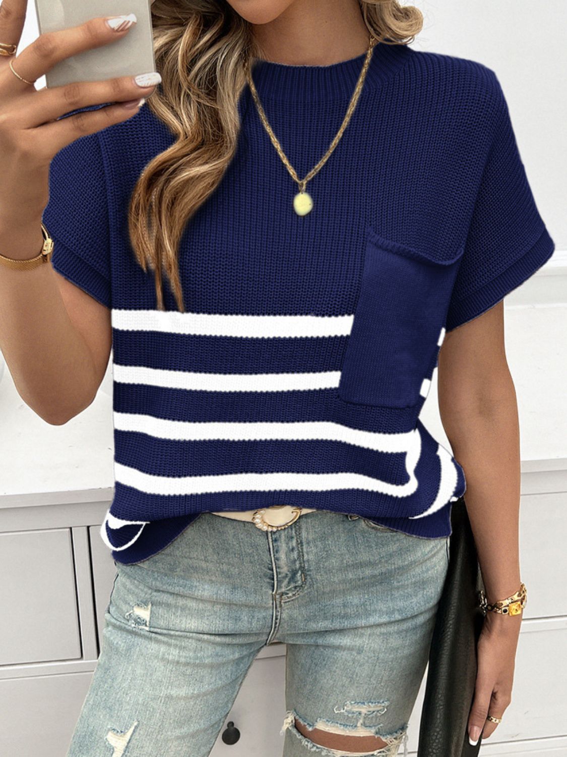 Devine Striped Round Neck Short Sleeve Sweater-Angel Casuals