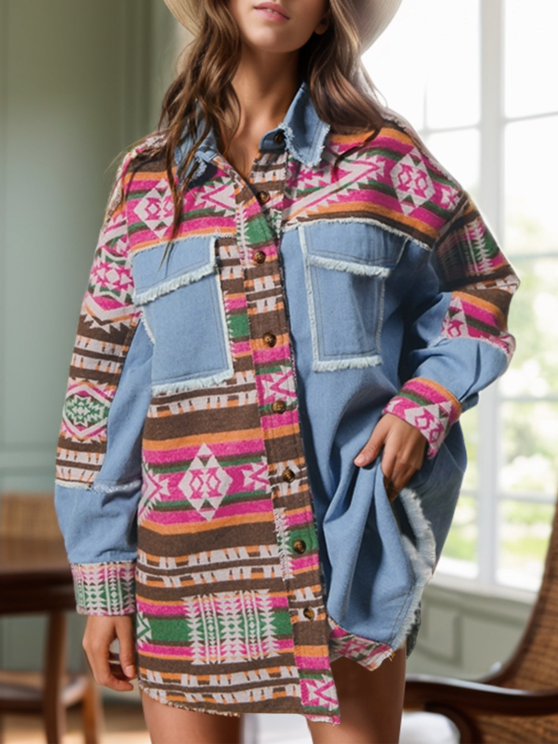 Geometric Collared Neck Long Sleeve Shacket-Angel Casuals