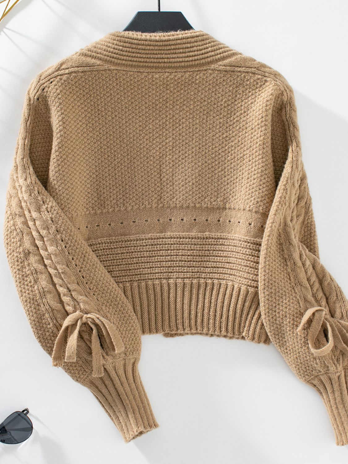 Cable-Knit Tied Open Front Lantern Sleeve Cardigan-Angel Casuals