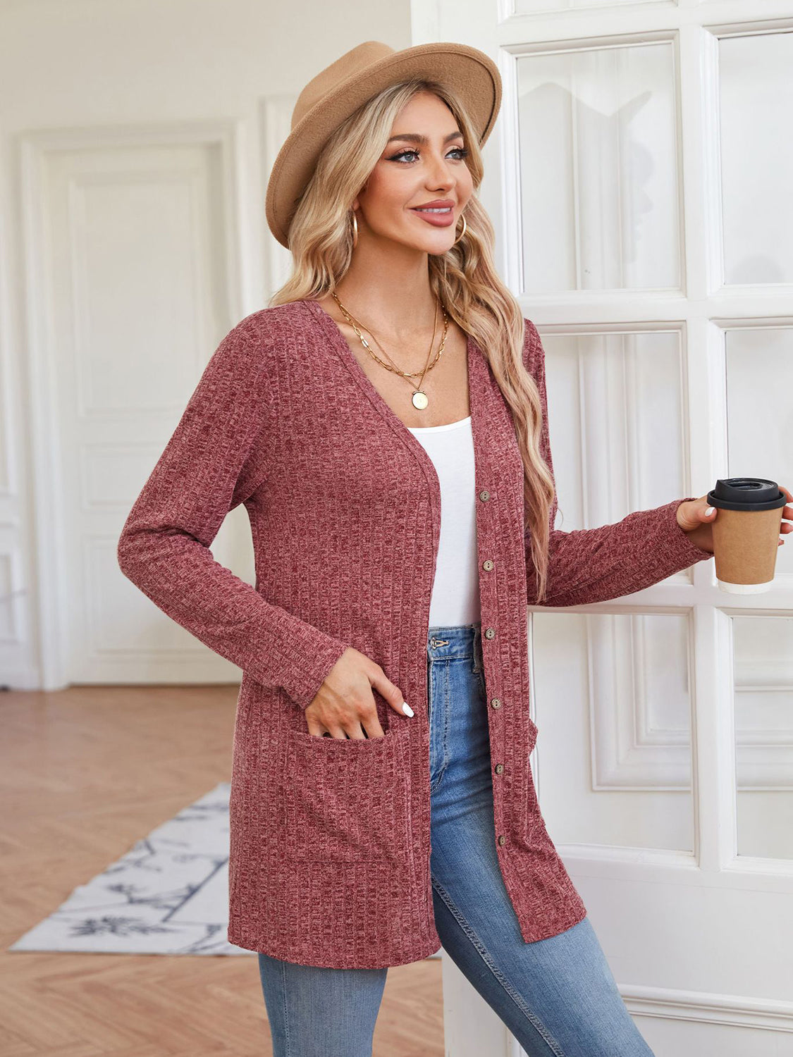 Ribbed Button Up Cardigan with Pockets-Angel Casuals