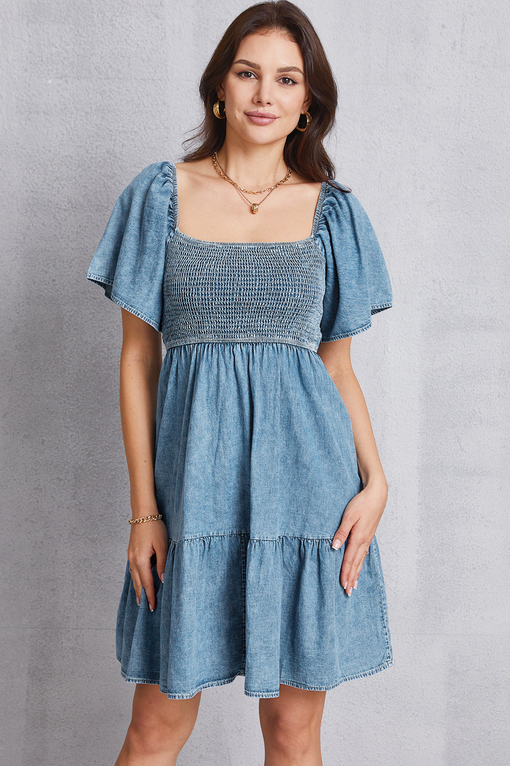 Smocked Square Neck Mini Denim Dress-Angel Casuals