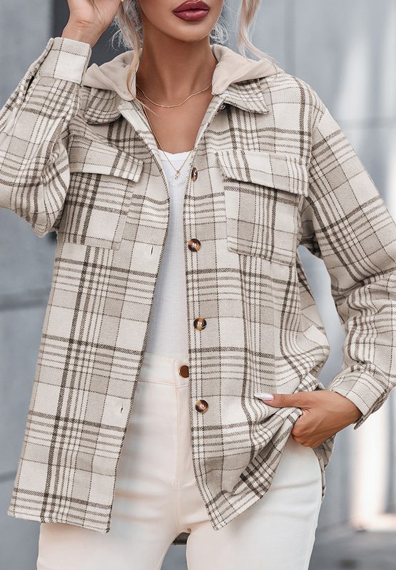 Plaid Removable Hood Button Up Shacket-Angel Casuals
