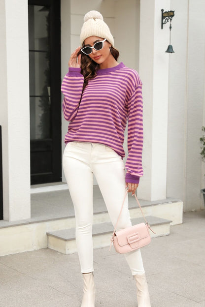 Angel Wings Striped Round Neck Dropped Shoulder Sweater-Angel Casuals