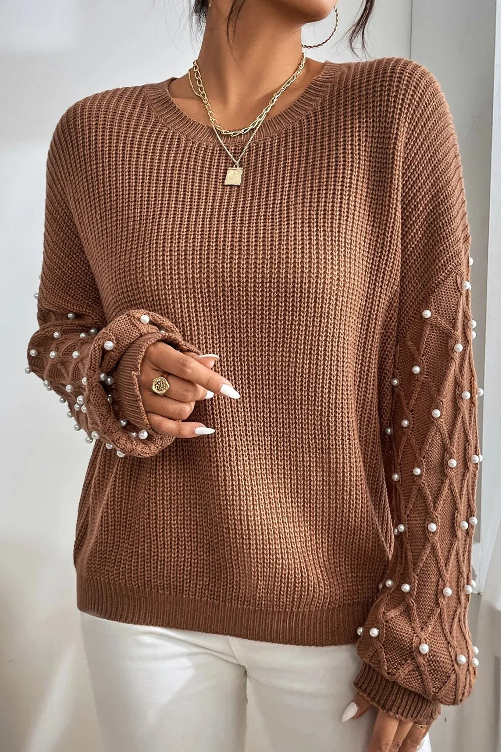 Pearl Detail Round Neck Long Sleeve Sweater-Angel Casuals