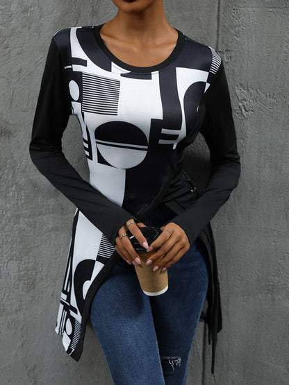 Perfee Geometric Round Neck Long Sleeve T-Shirt-Angel Casuals