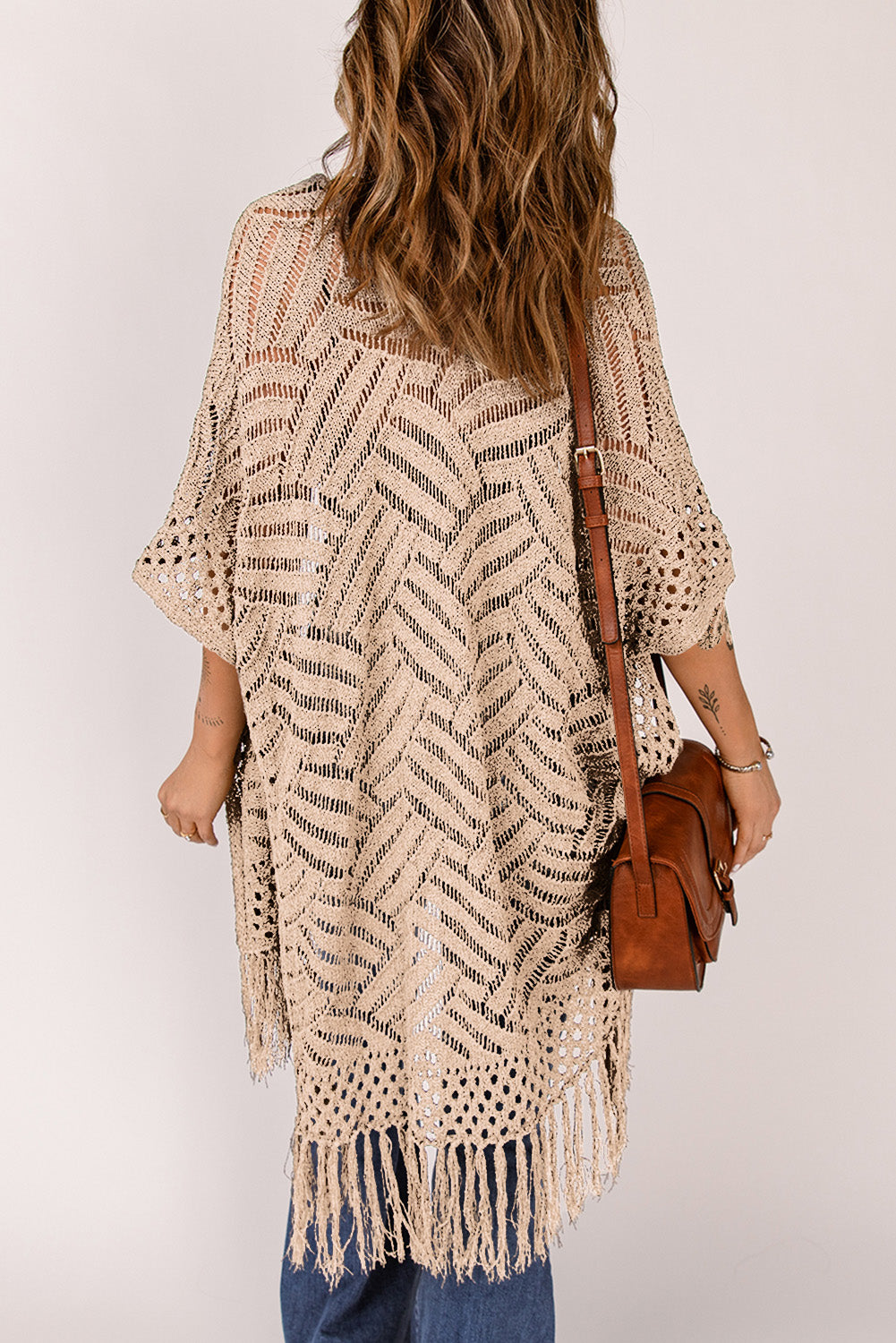 Openwork Open Front Cardigan with Fringes-Angel Casuals