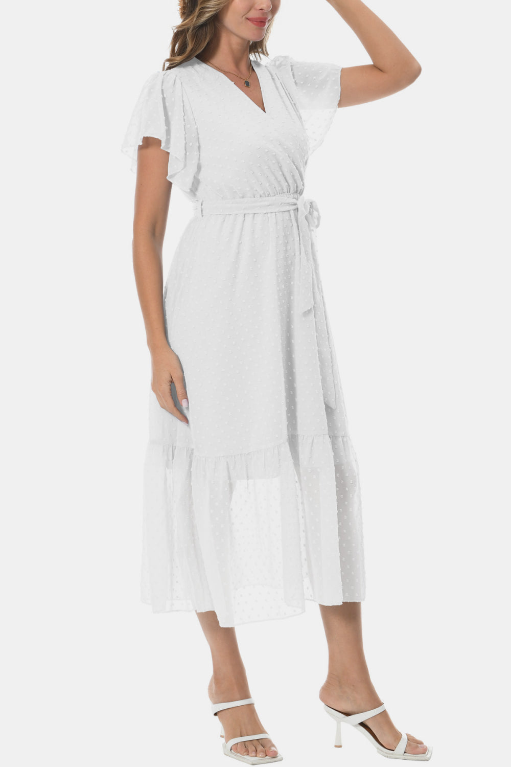 Surplice Neck Flutter Sleeve Tied Dress-Angel Casuals