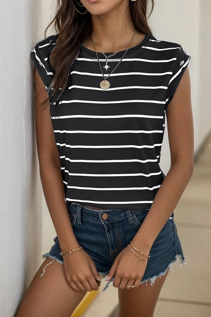 Decorative Button Round Neck T-Shirt-Angel Casuals