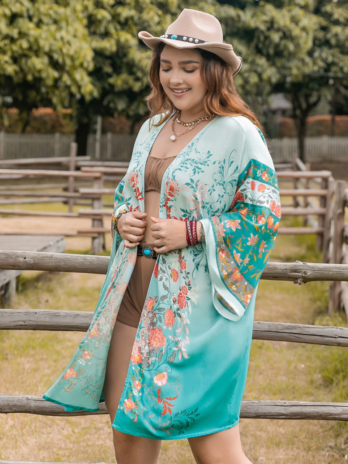 Plus Size Printed Open Front Long Sleeve Cover Up-Angel Casuals