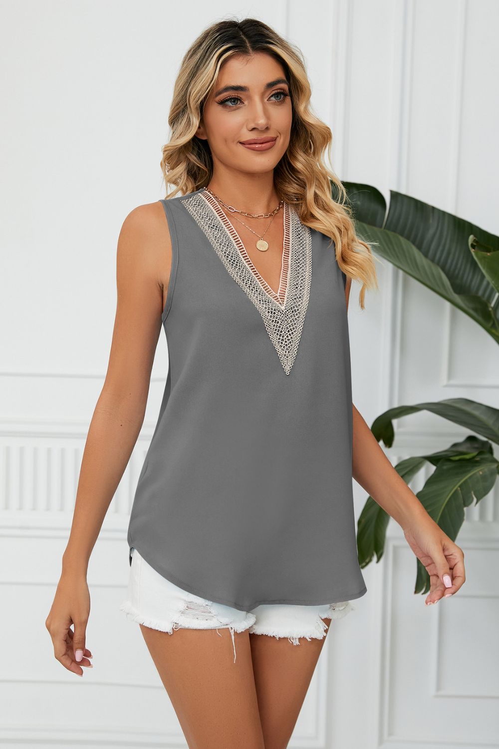 Contrast Trim Plunge Sleeveless Blouse-Angel Casuals