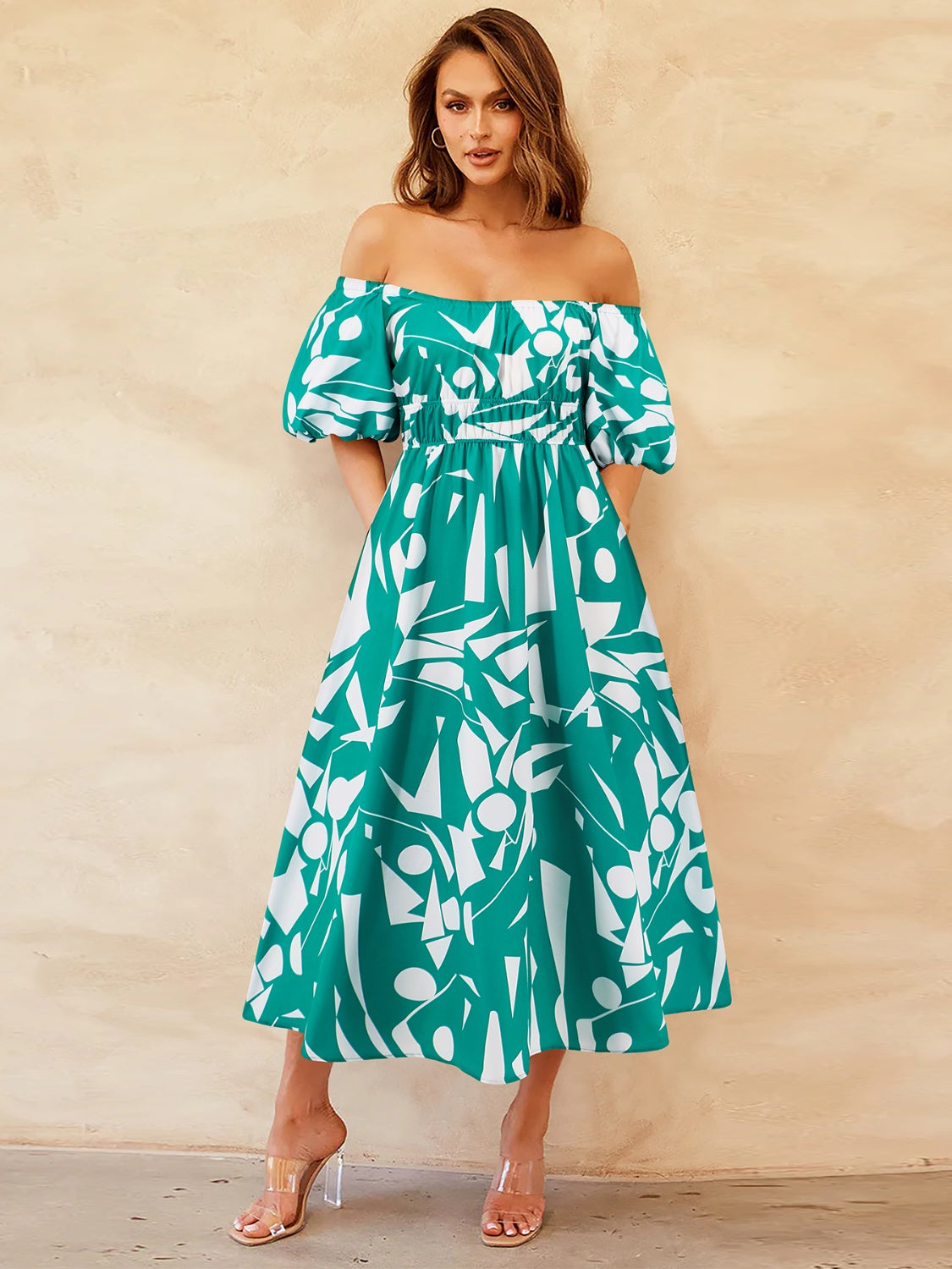 Printed Off-Shoulder Balloon Sleeve Dress-Angel Casuals