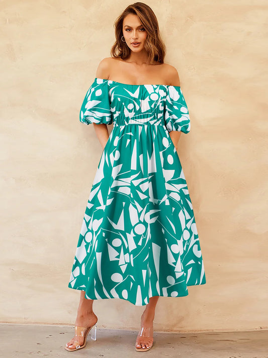 Printed Off-Shoulder Balloon Sleeve Dress-Angel Casuals