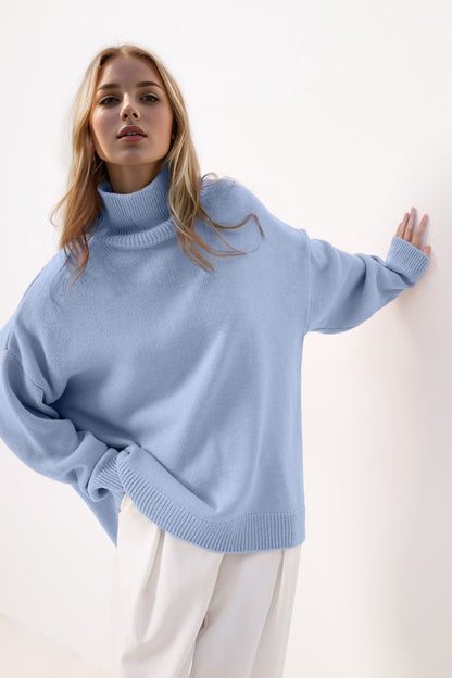 Basic Bae Side Slit Turtleneck Long Sleeve Sweater-Angel Casuals