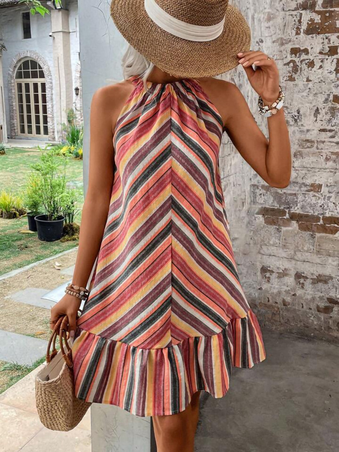 Striped Grecian Neck Dress-Angel Casuals