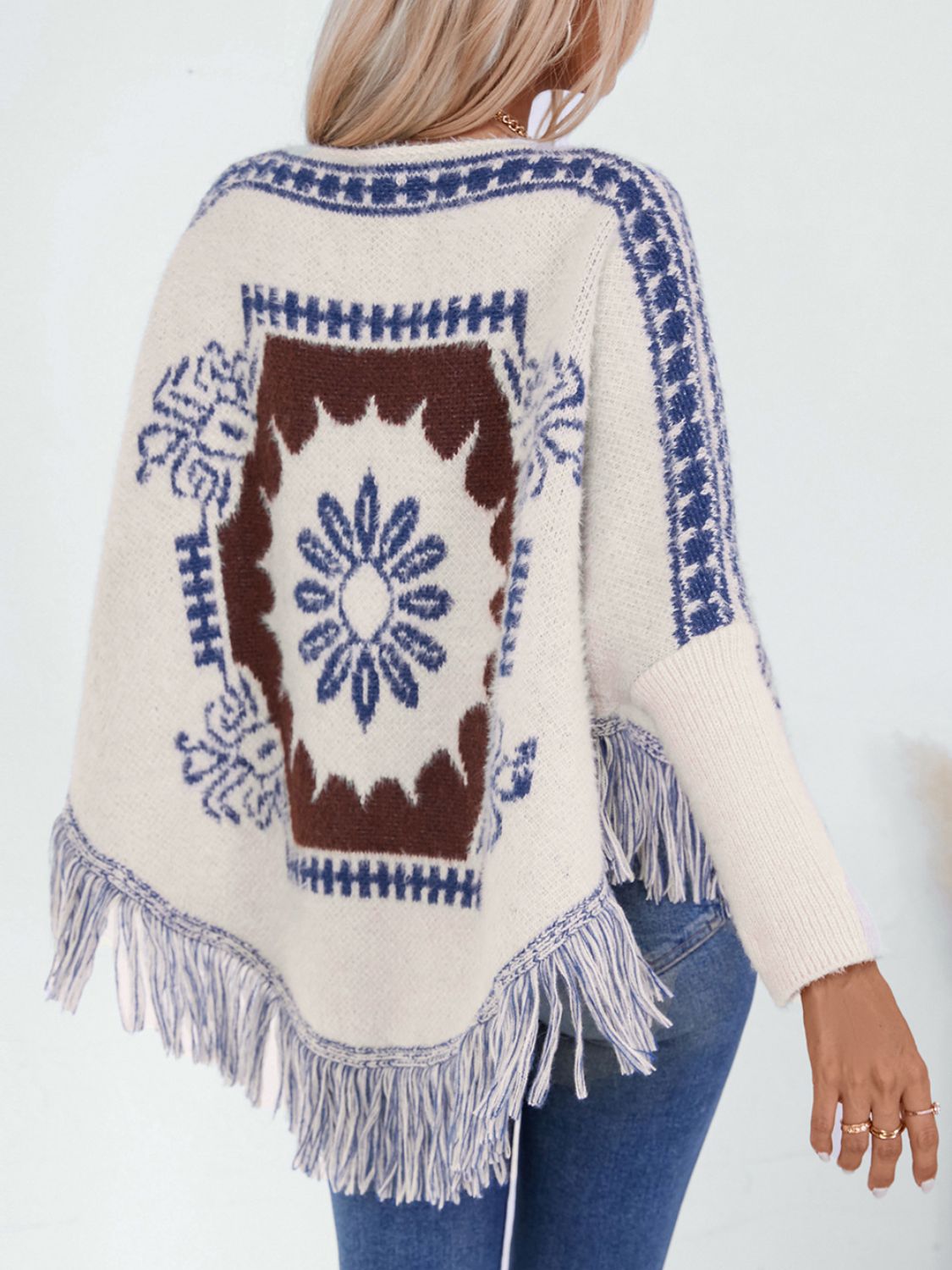 Fringe Geometric Long Sleeve Poncho-Angel Casuals