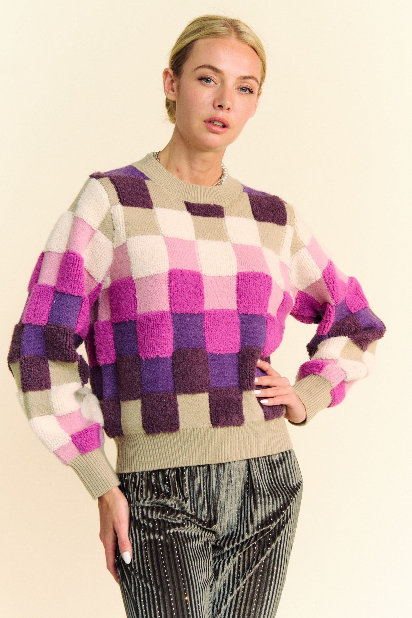 Davi & Dani Checkered Round Neck Long Sleeve Sweater-Angel Casuals