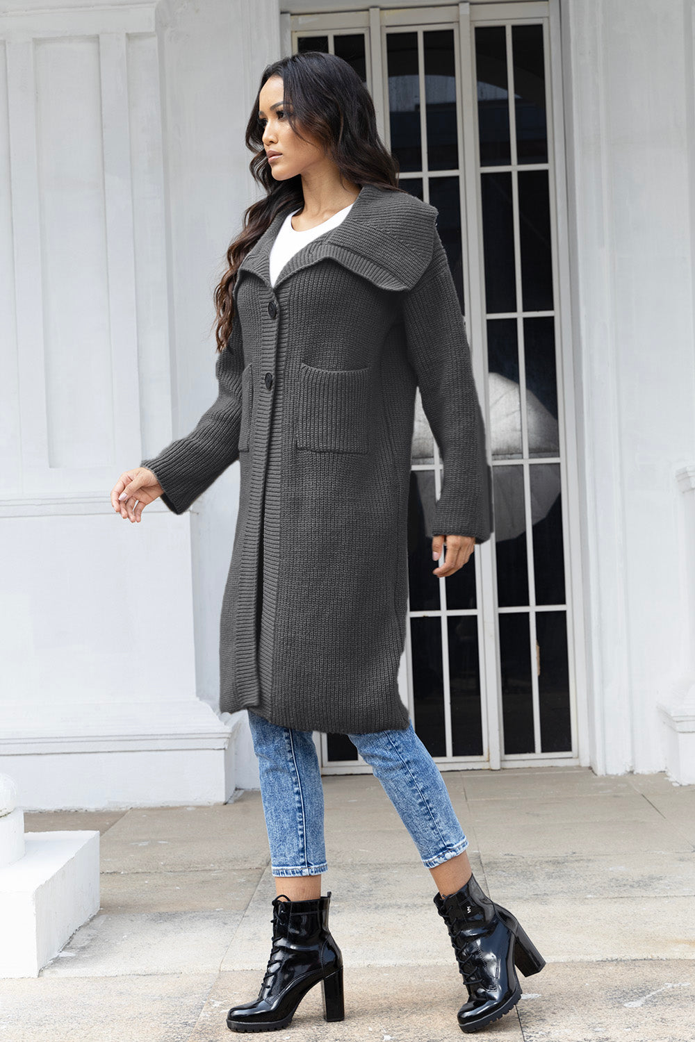 Pocketed Button Up Collared Neck Cardigan-Angel Casuals