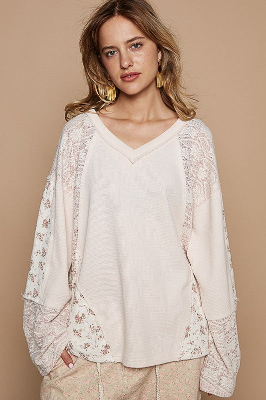 POL Lace Floral Round Neck Knit Top-Angel Casuals