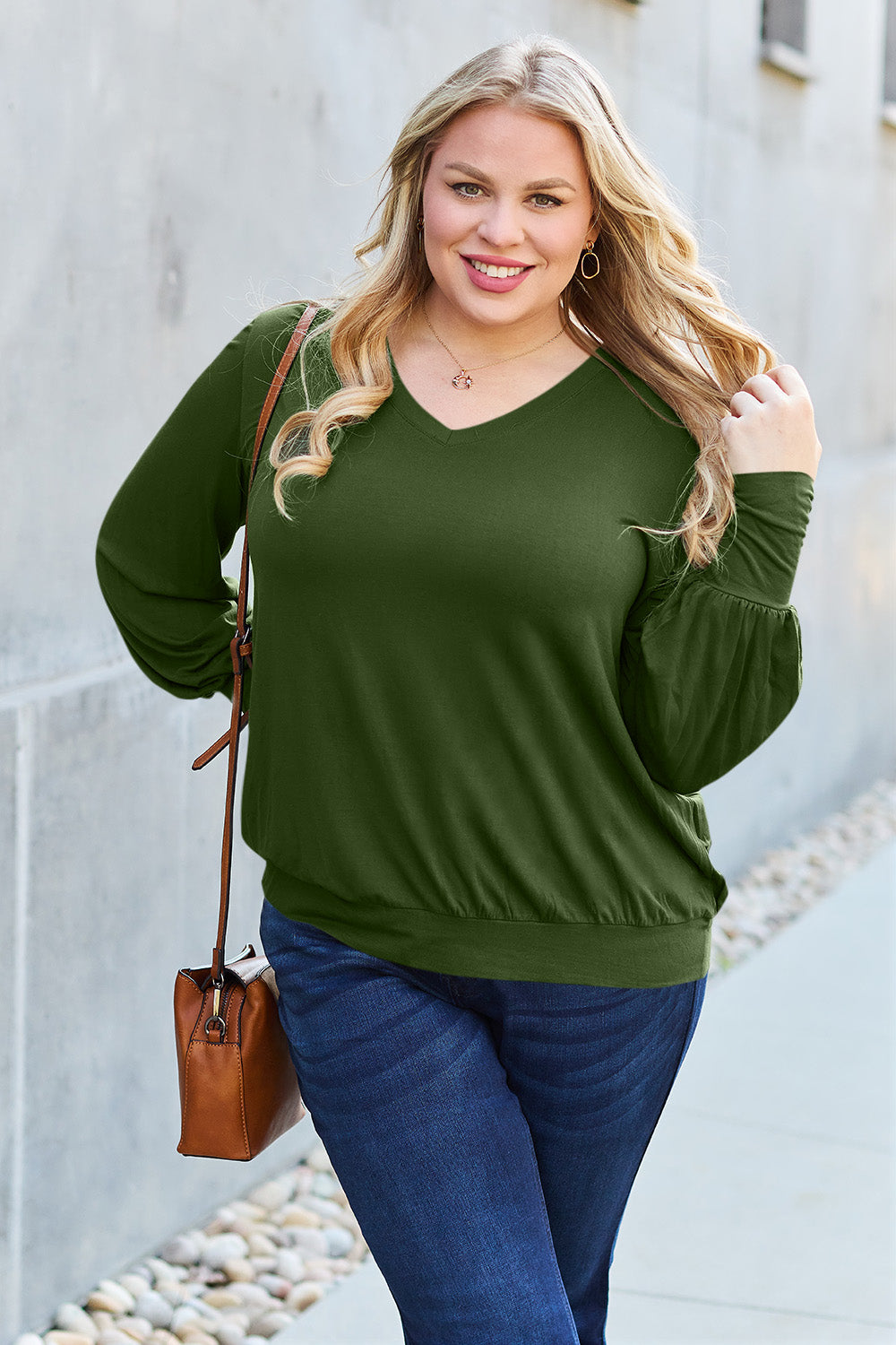 Basic Bae Full Size V-Neck Lantern Sleeve Blouse-Angel Casuals