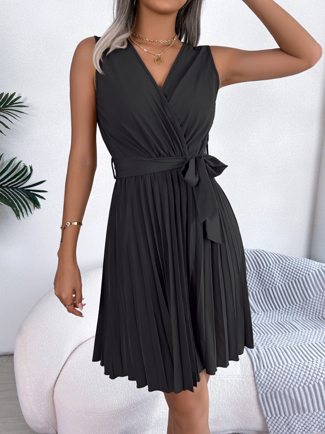 Tied Surplice Sleeveless Pleated Dress-Angel Casuals