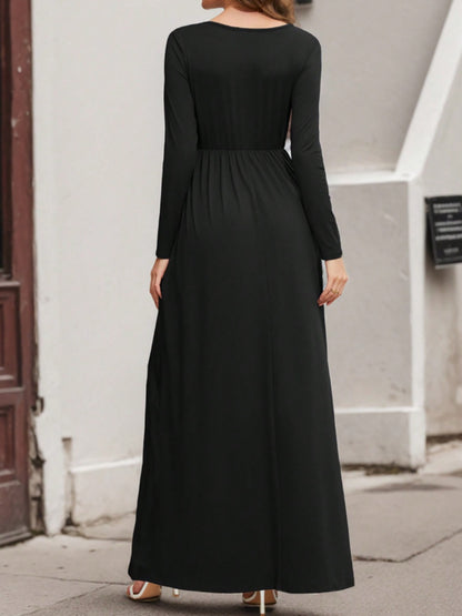 Pocketed V-Neck Long Sleeve Maxi Dress-Angel Casuals