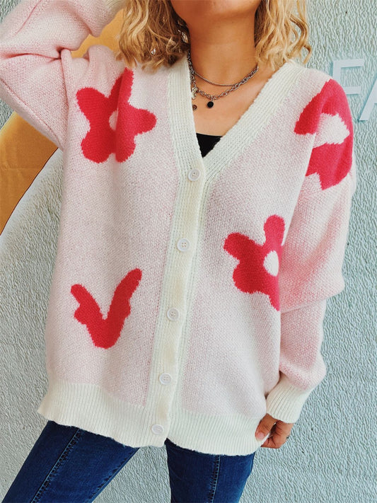 Flower Button Down V-Neck Long Sleeve Cardigan-Angel Casuals