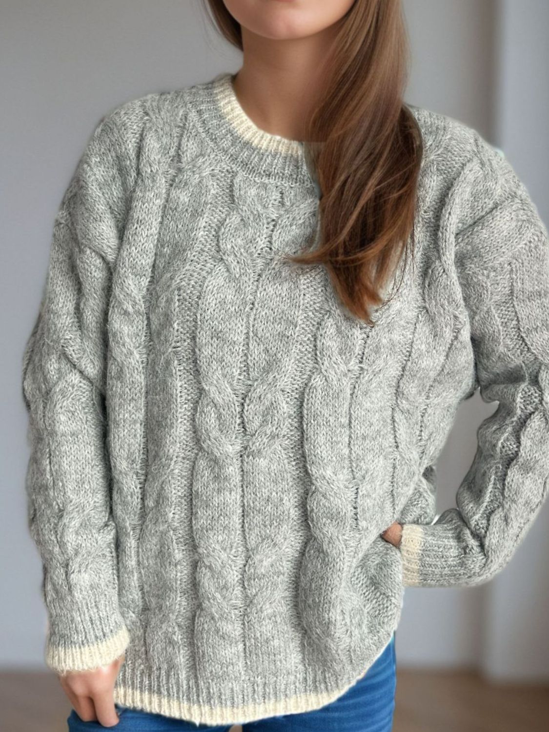 Cable Knit Round Neck Long Sleeve Sweater-Angel Casuals