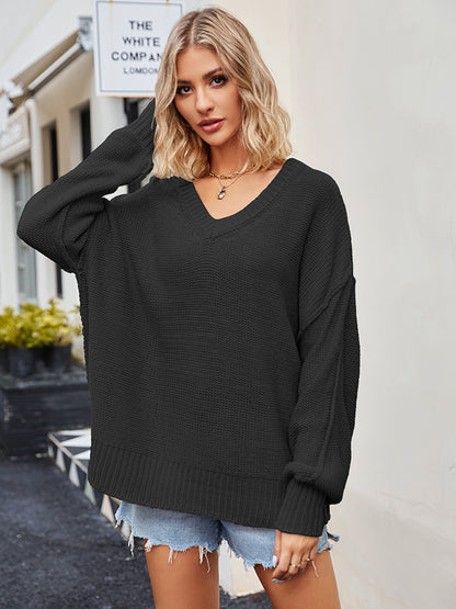 V-Neck Ribbed Dropped Shoulder Knit Top-Angel Casuals